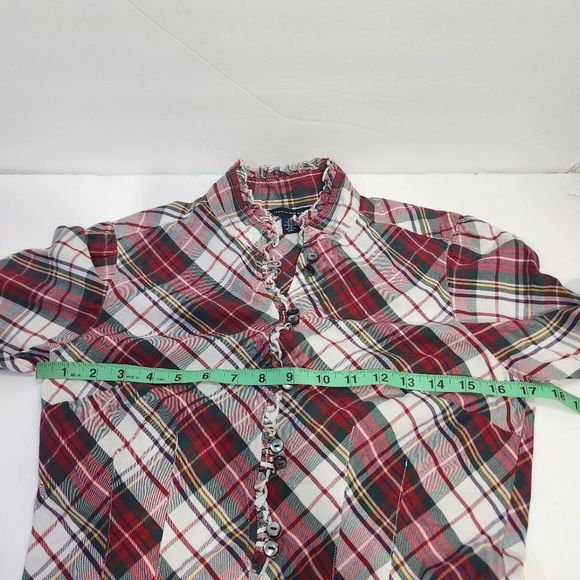 Tommy Hilfiger plaid red green white ruffle button down long sleeve blouse small - Picture 4 of 13